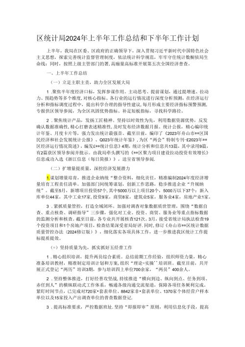区统计局2024年上半年工作总结和下半年工作计划.docx