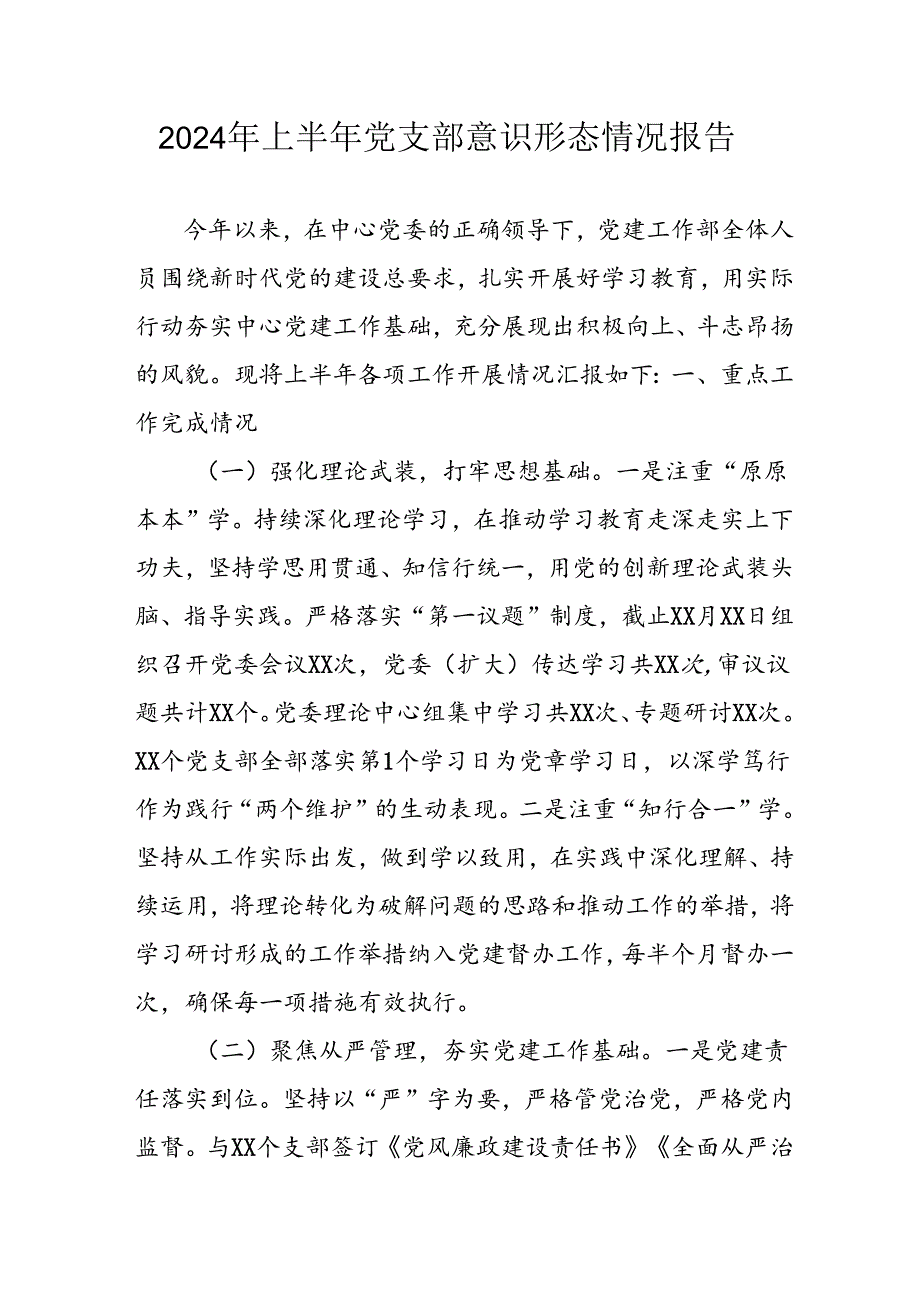 开展2024年上半年党支部意识形态情况工作报告 合计6份.docx_第1页