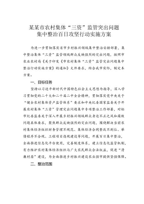 某某市农村集体“三资”监管突出问题集中整治百日攻坚行动实施方案.docx