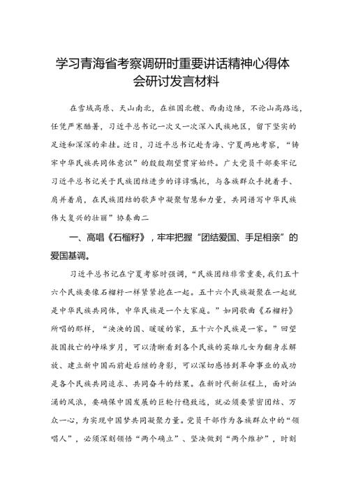 (八篇)学习青海省考察调研时重要讲话精神心得体会研讨发言材料汇编.docx