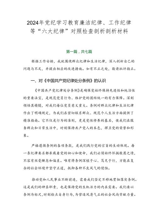 2024年党纪学习教育廉洁纪律、工作纪律等“六大纪律”对照检查剖析剖析材料.docx