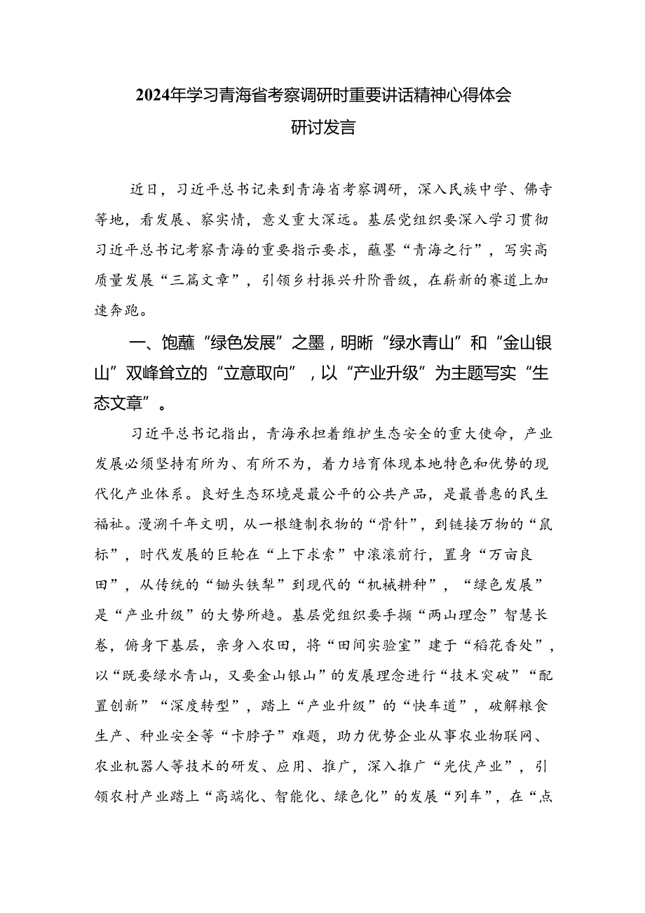 (六篇)学习2024年在青海省考察调研重要讲话精神心得体会研讨发言材料通用范文.docx_第3页