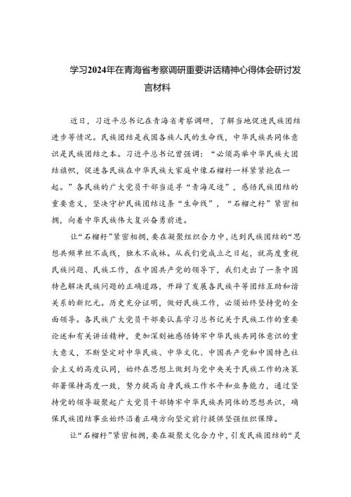 (六篇)学习2024年在青海省考察调研重要讲话精神心得体会研讨发言材料通用范文.docx
