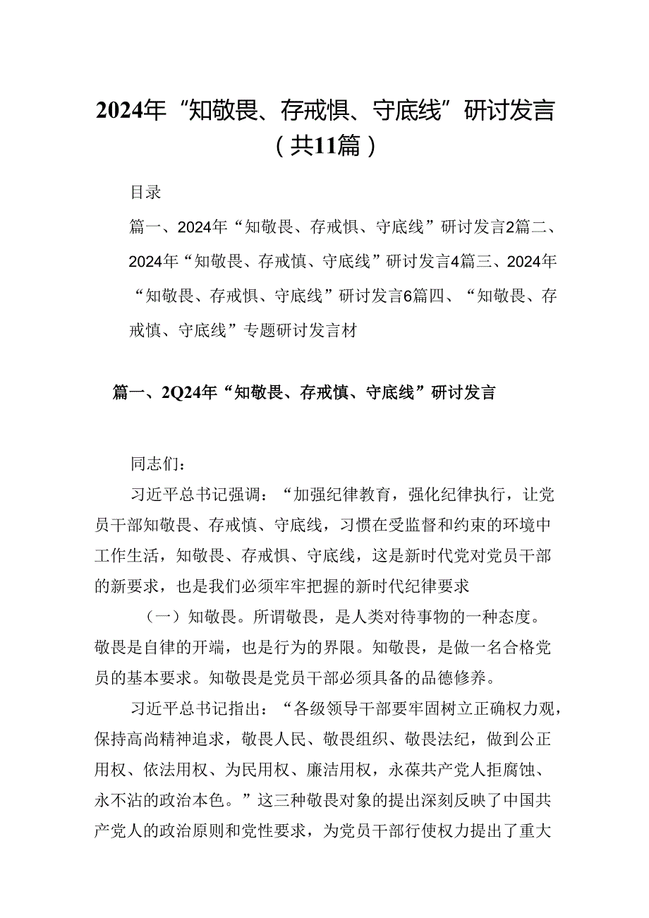 （11篇）2024年“知敬畏、存戒惧、守底线”研讨发言优选.docx_第1页