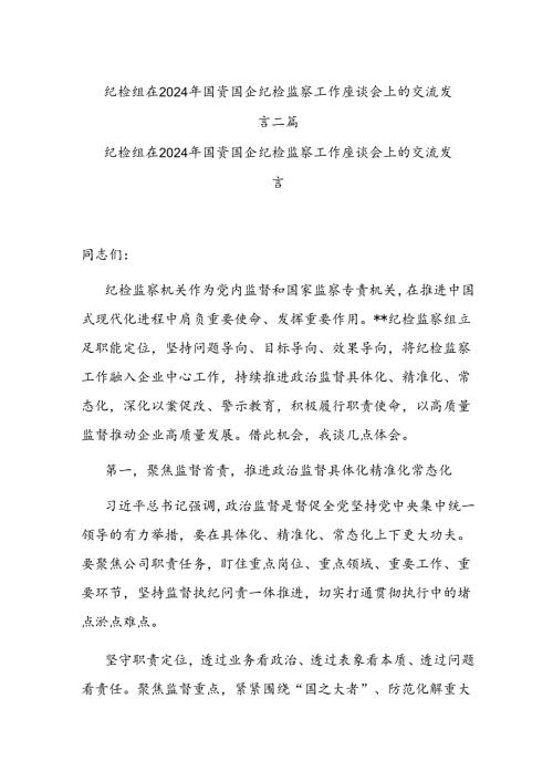 纪检组在2024年国资国企纪检监察工作座谈会上的交流发言二篇.docx