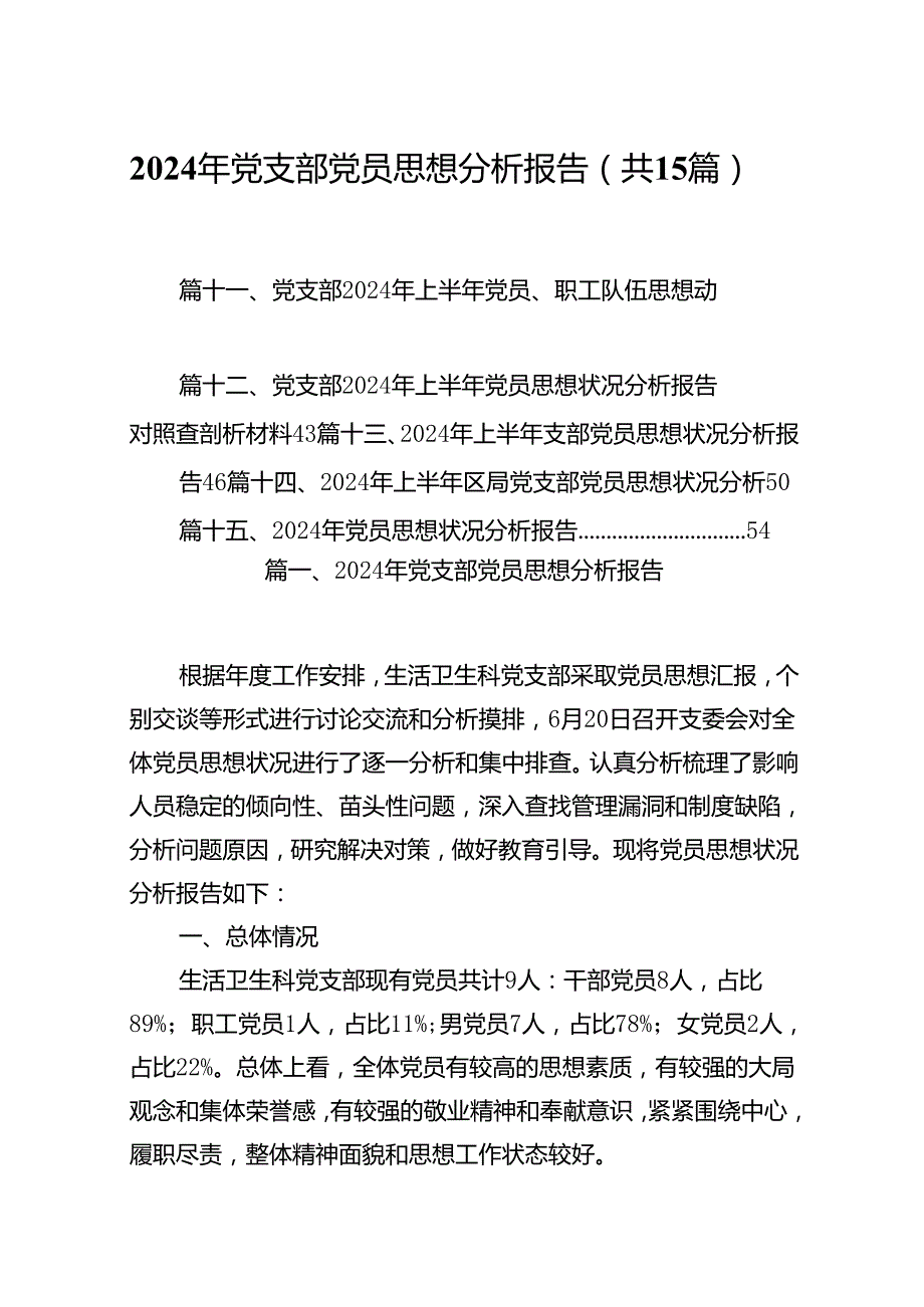 2024年党支部党员思想分析报告优选15篇.docx_第1页