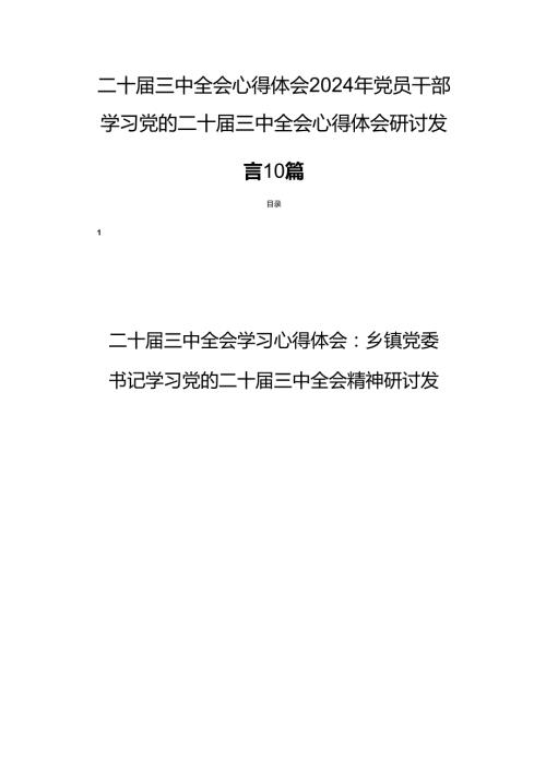 二十三中全会心得体会2024年党员干部学习党的二十三中全会心得体会研讨发言10篇.docx