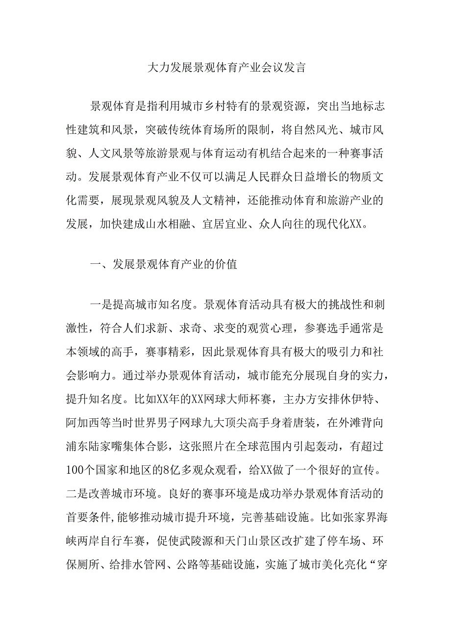 大力发展景观体育产业会议发言.docx_第1页