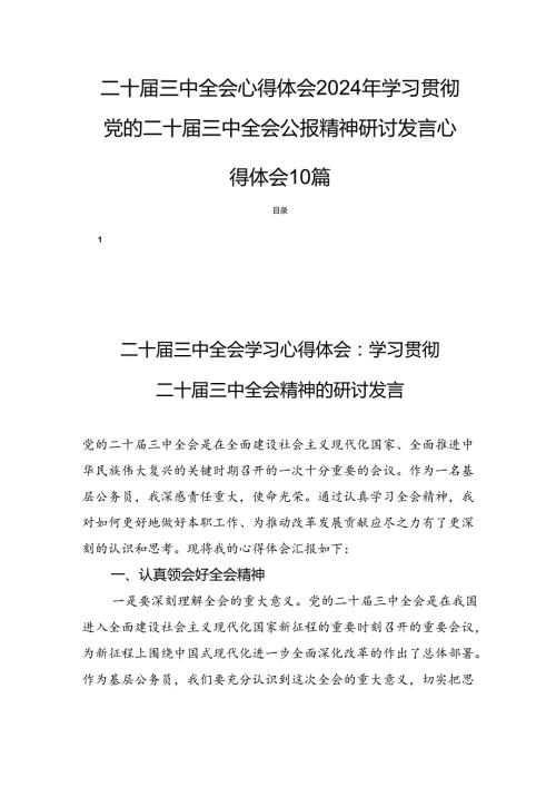 二十三中全会心得体会2024年学习贯彻党的二十三中全会公报精神研讨发言心得体会10篇.docx