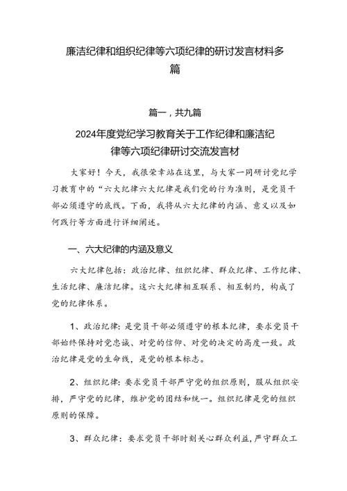廉洁纪律和组织纪律等六项纪律的研讨发言材料多篇.docx