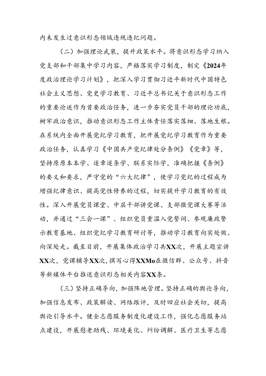 开展2024年上半年党支部意识形态情况工作报告 合计3份.docx_第1页