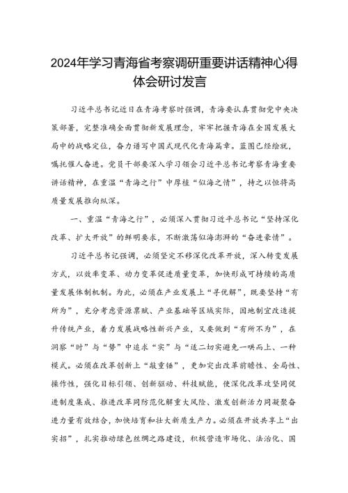 (八篇)2024年学习青海省考察调研重要讲话精神心得体会研讨发言范文.docx