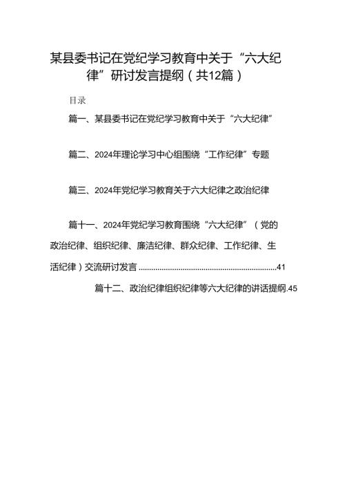 某县委书记在党纪学习教育中关于“六大纪律”研讨发言提纲12篇（精选）.docx