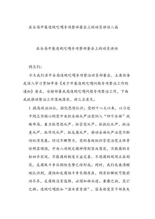 在全局开展违规吃喝专项整部署会上的动员讲话二篇.docx