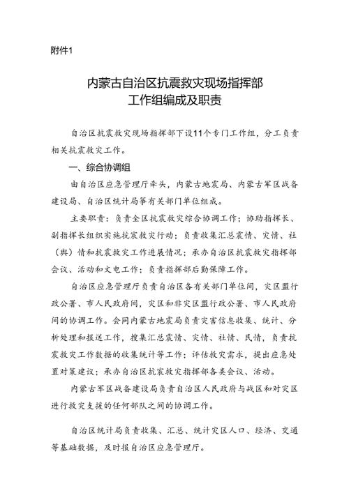 内蒙古自治区抗震救灾现场指挥部工作组编成及职责.docx