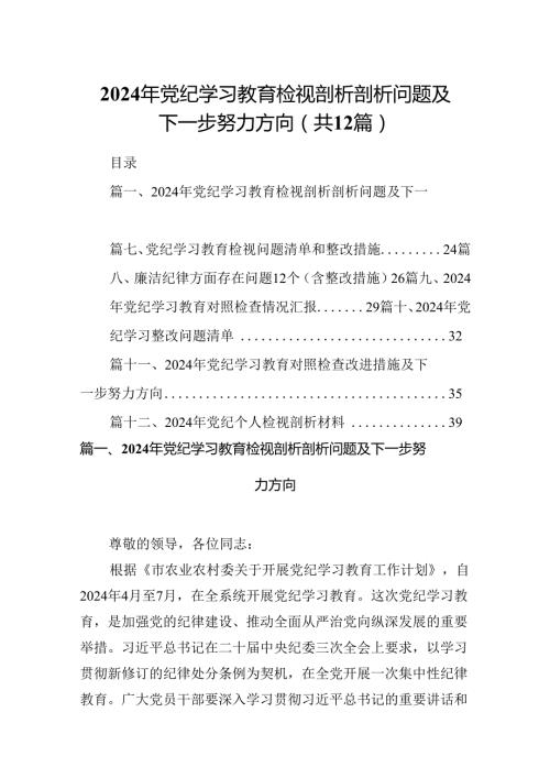 2024年党纪学习教育检视剖析剖析问题及下一步努力方向12篇（优选）.docx