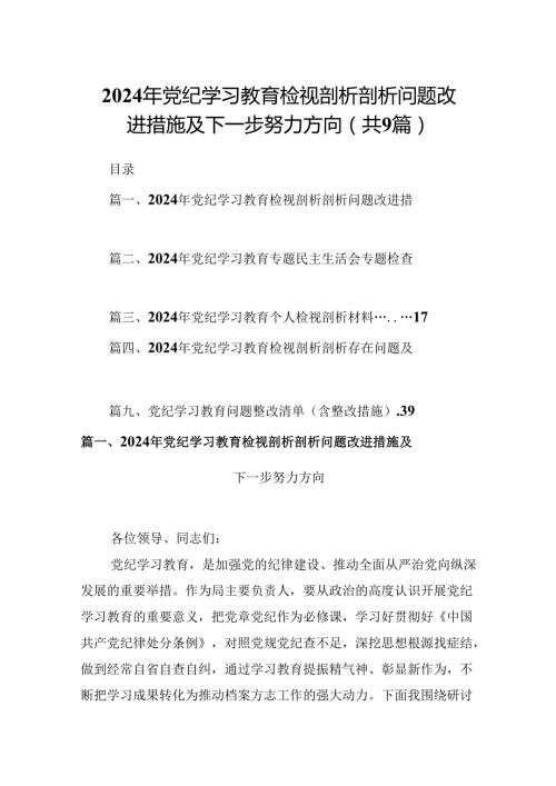 2024年党纪学习教育检视剖析剖析问题改进措施及下一步努力方向9篇（详细版）.docx