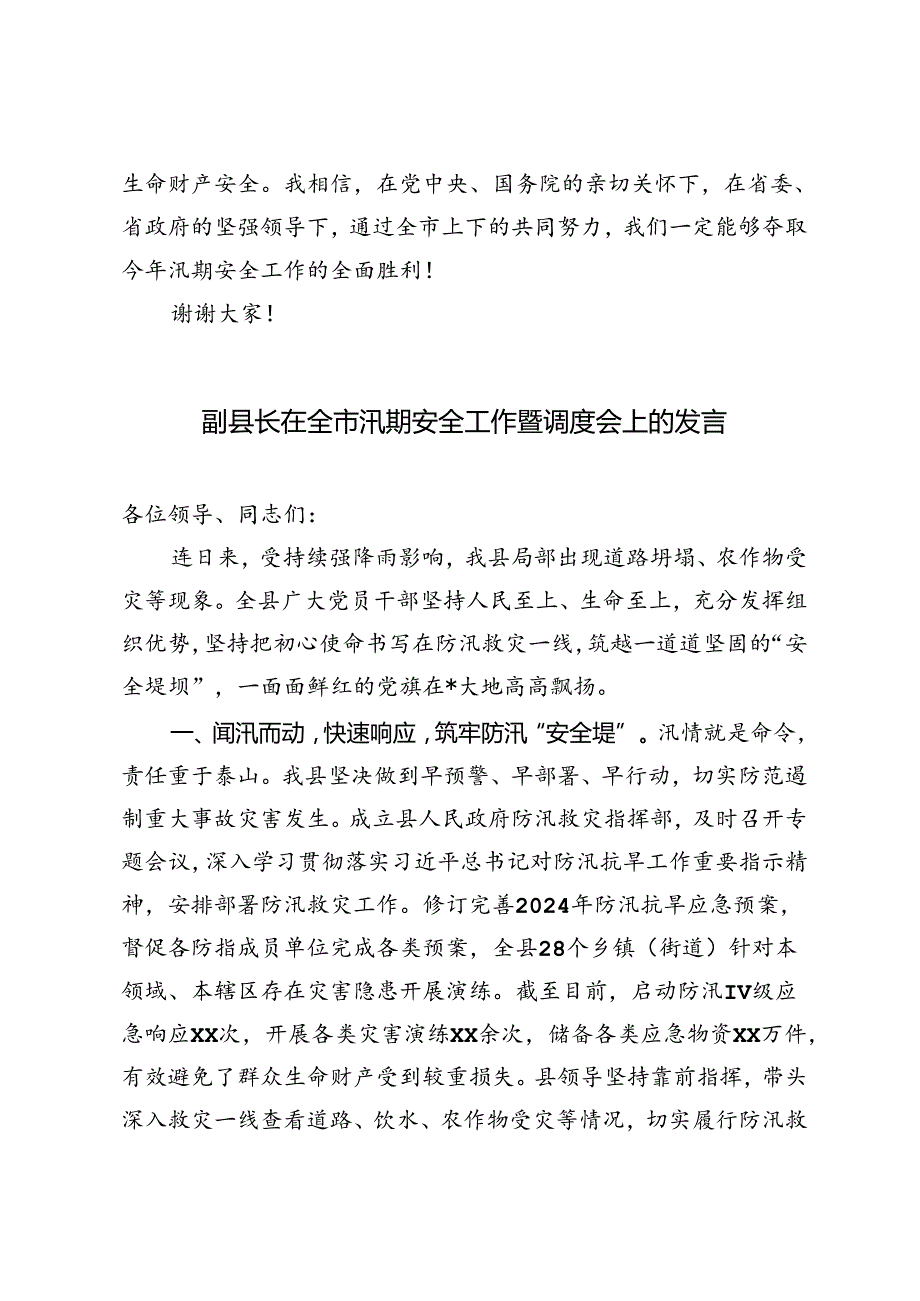 3篇 2024年副县长在全市汛期安全工作暨调度会上的发言.docx_第3页