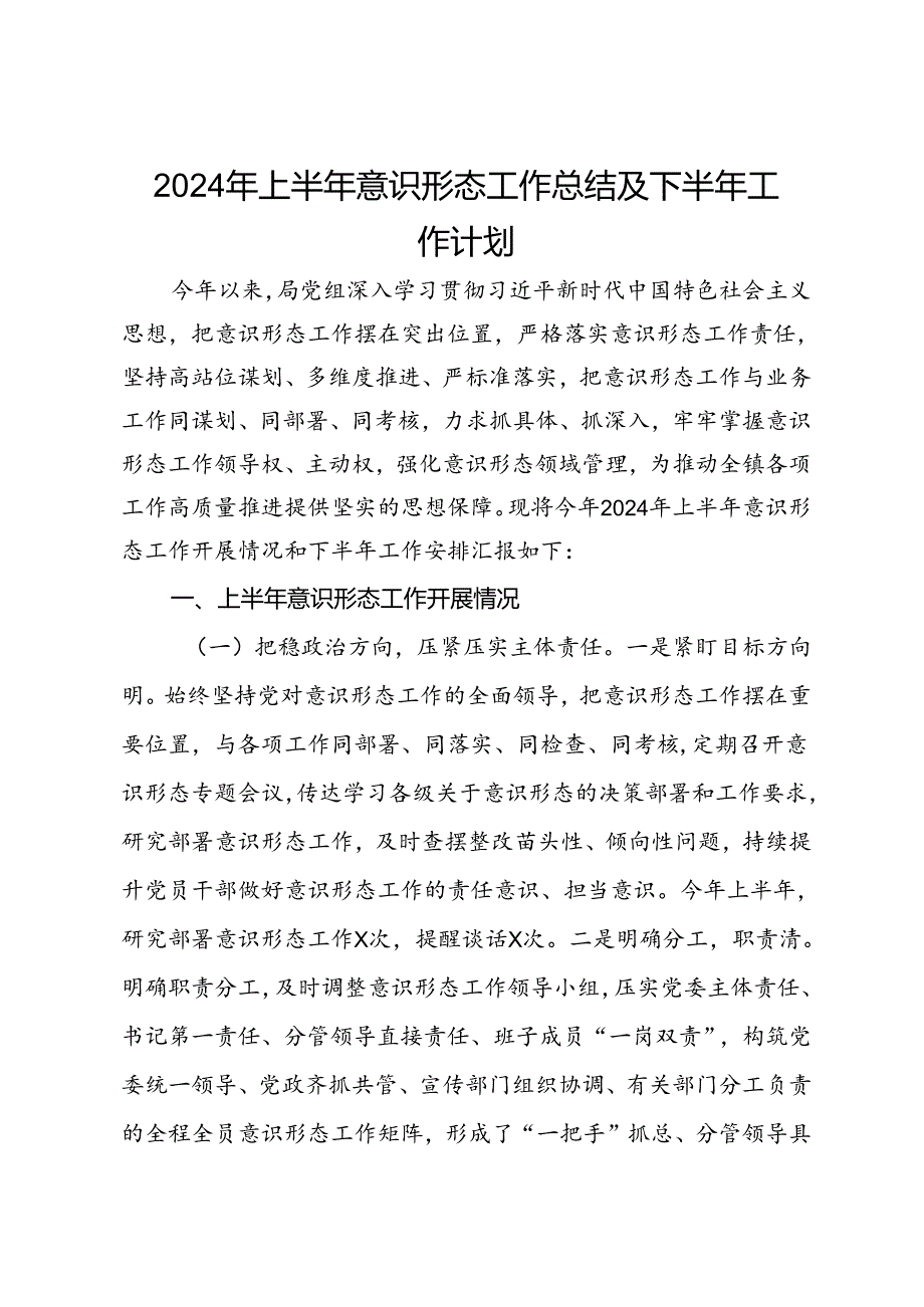 局党组2024年上半年意识形态工作总结及下半年工作计划.docx_第1页