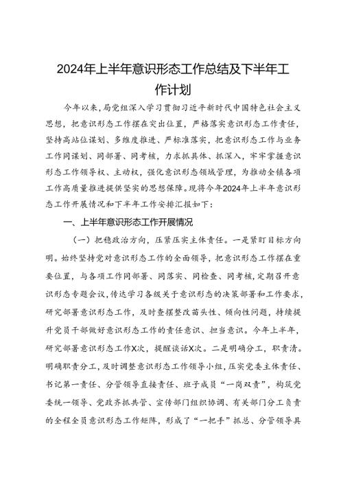局党组2024年上半年意识形态工作总结及下半年工作计划.docx