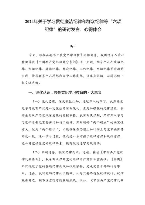 2024年关于学习贯彻廉洁纪律和群众纪律等“六项纪律”的研讨发言、心得体会.docx