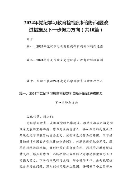 2024年党纪学习教育检视剖析剖析问题改进措施及下一步努力方向（共10篇）.docx