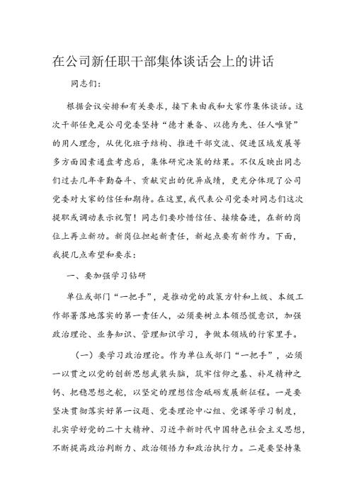 在公司新任职干部集体谈话会上的讲话(1).docx