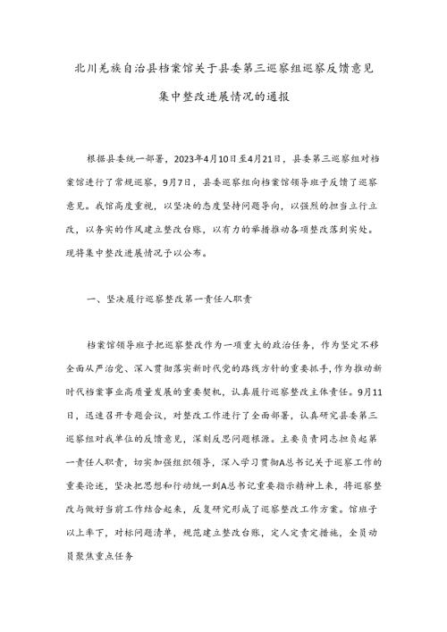 北川羌族自治县档案馆关于县委第三巡察组巡察反馈意见集中整改进展情况的通报.docx