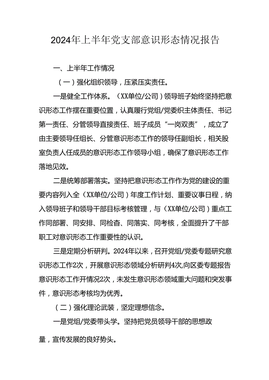 开展2024年上半年党支部意识形态情况工作报告 （6份）.docx_第1页