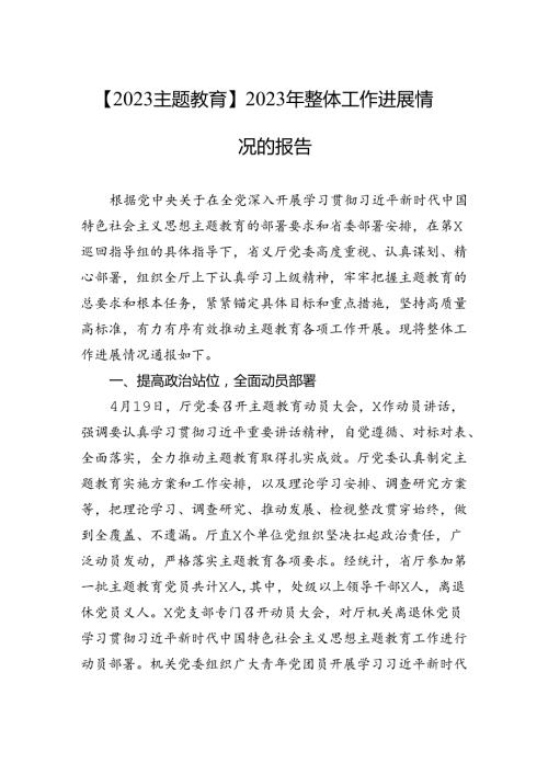 【2023主题教育】2023年整体工作进展情况的报告.docx