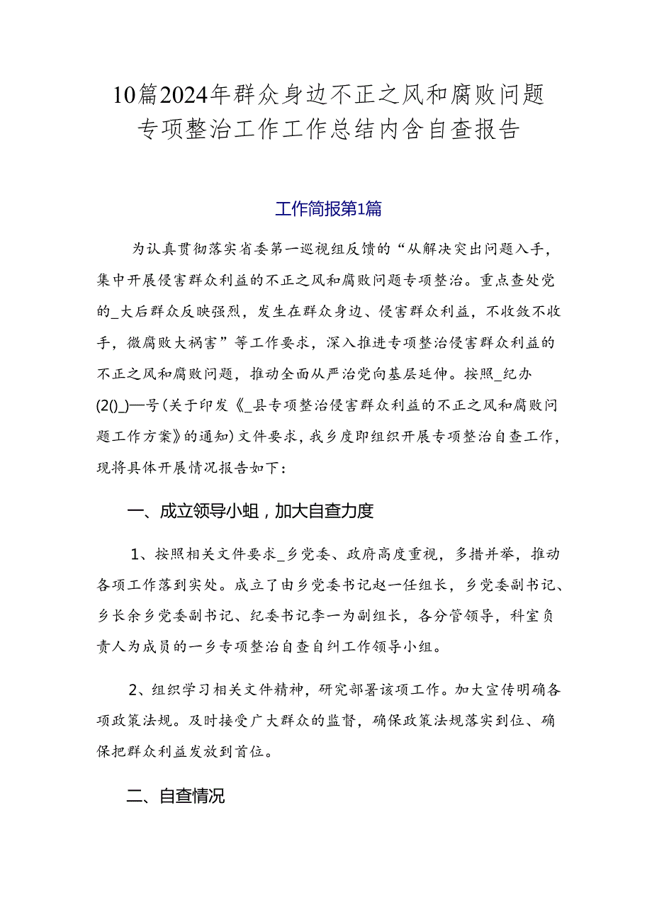 10篇2024年群众身边不正之风和腐败问题专项整治工作工作总结内含自查报告.docx_第1页