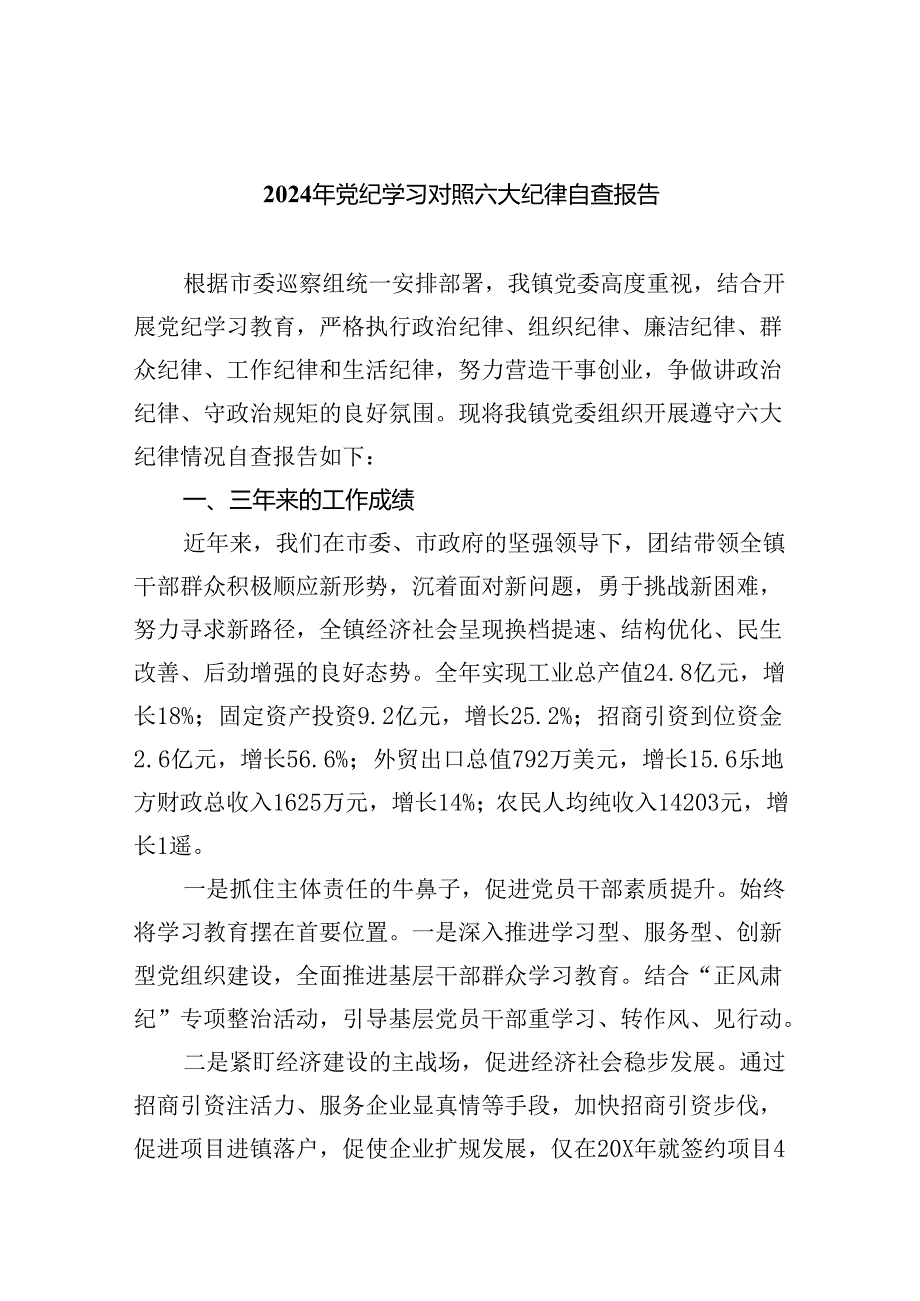 (11篇)2024年党纪学习对照六大纪律自查报告（最新版）.docx_第1页