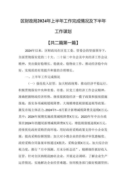 （2篇）区财政局2024年上半年工作完成情况及下半年工作谋划.docx