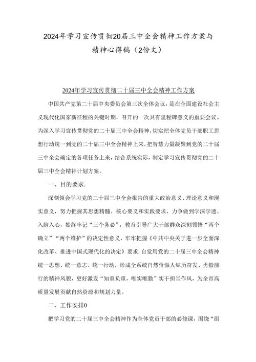 2024年学习宣传贯彻20三中全会精神工作方案与精神心得稿（2份文）.docx