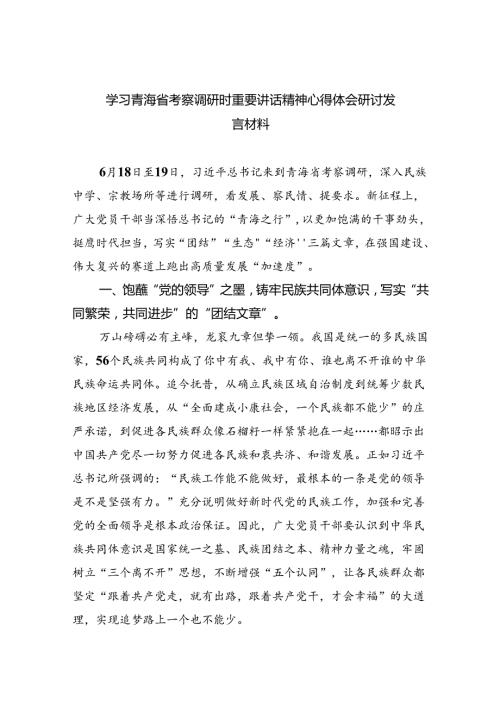 (六篇)学习青海省考察调研时重要讲话精神心得体会研讨发言材料（精选）.docx