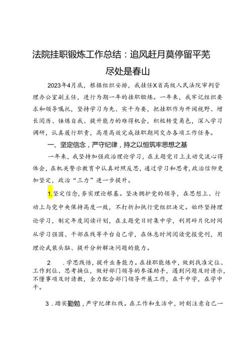 法院挂职锻炼工作总结：追风赶月莫停留 平芜尽处是山.docx