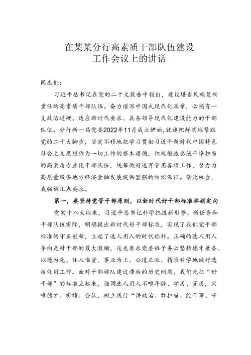 在某某分行高素质干部队伍建设工作会议上的讲话.docx