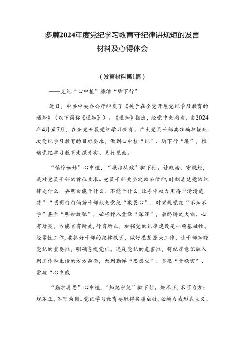 多篇2024党纪学习教育守纪律讲规矩的发言材料及心得体会.docx