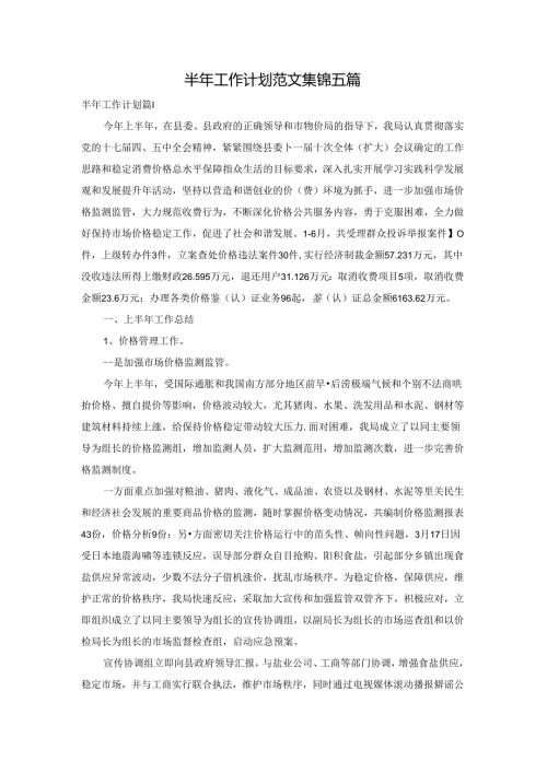半年工作计划范文集锦五篇.docx