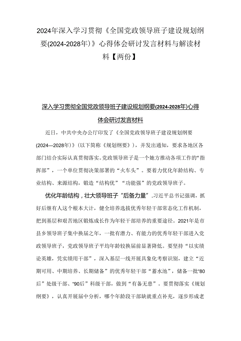 2024年深入学习贯彻《全国党政领导班子建设规划纲要(20242028年)》心得体会研讨发言材料与解读材料【两份】.docx_第1页