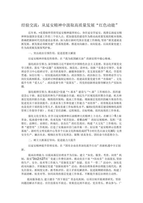 经验交流：从延安精神中汲取高质量发展“红色动能”.docx
