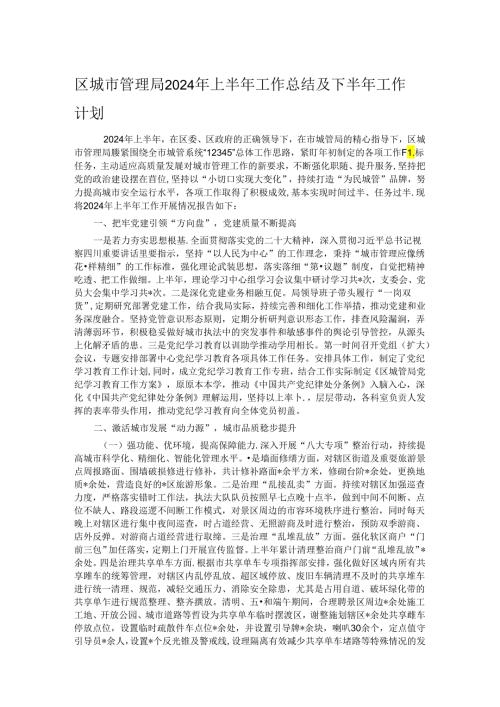 区城市管理局2024年上半年工作总结及下半年工作计划(1).docx