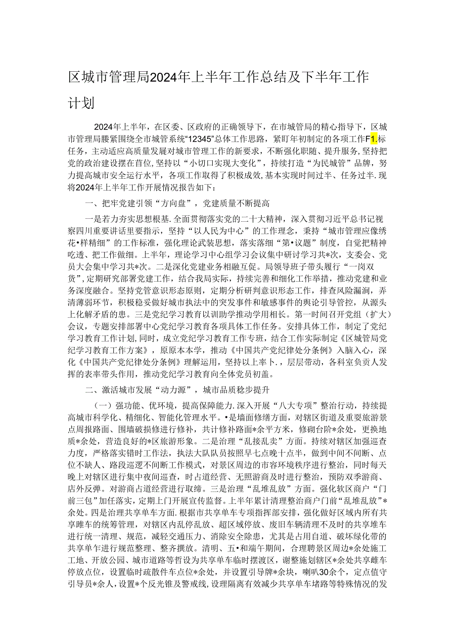 区城市管理局2024年上半年工作总结及下半年工作计划(1).docx_第1页