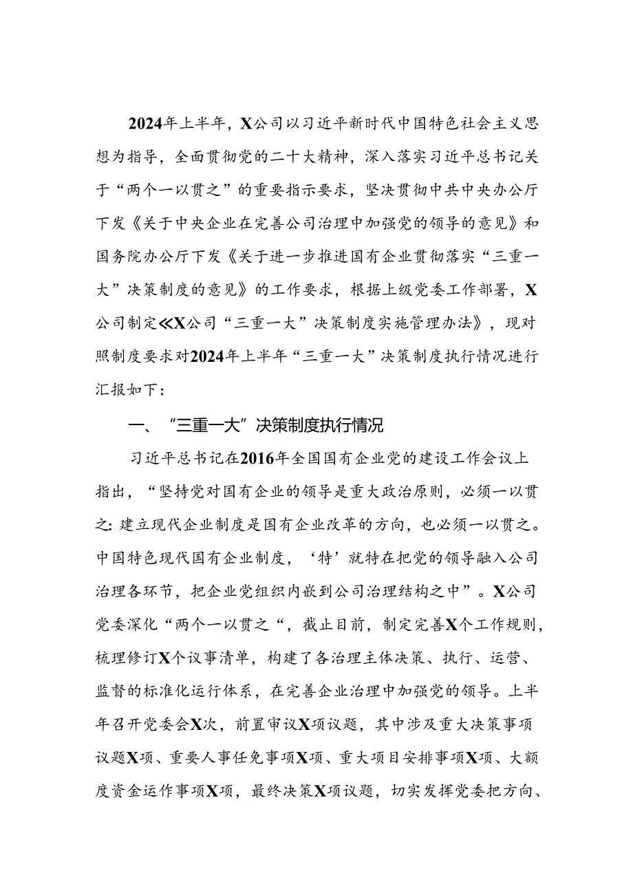 2024年上半年公司“三重一大”决策制度执行情况汇报.docx_第2页
