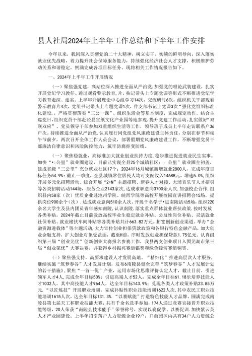 县人社局2024年上半年工作总结和下半年工作安排.docx