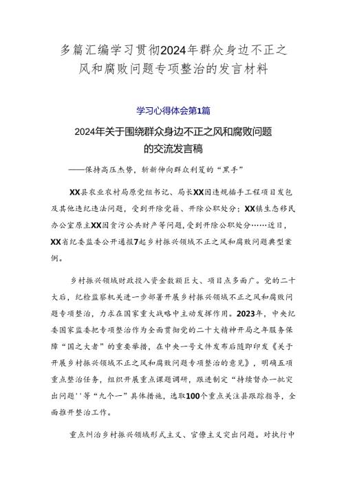 多篇汇编学习贯彻2024年群众身边不正之风和腐败问题专项整治的发言材料.docx