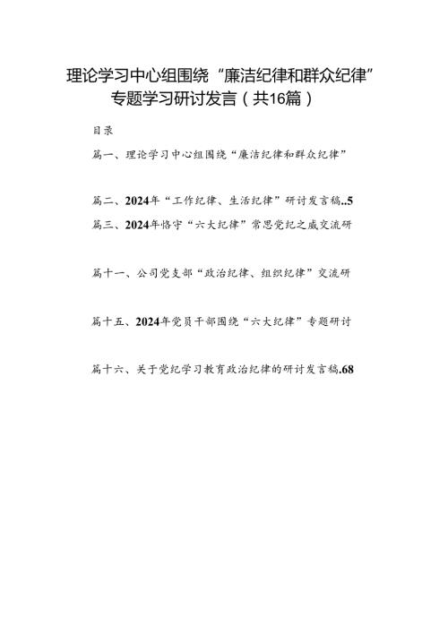 理论学习中心组围绕“廉洁纪律和群众纪律”专题学习研讨发言16篇（最新版）.docx