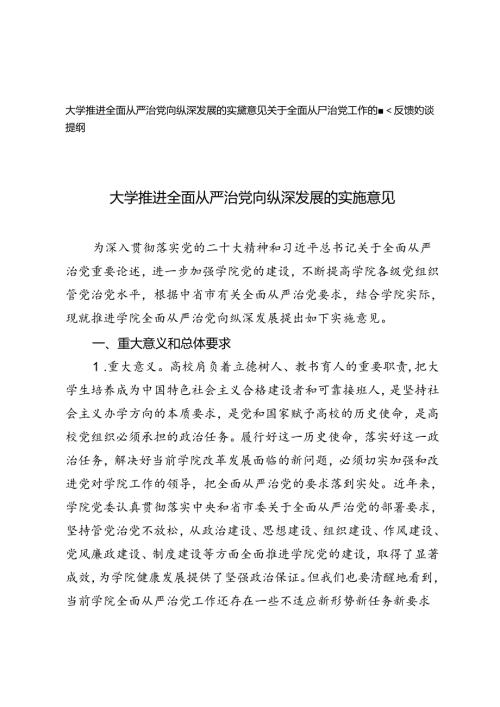 2024年大学推进全面从严治党向纵深发展的实施意见+全面从严治党工作的督查反馈约谈提纲.docx