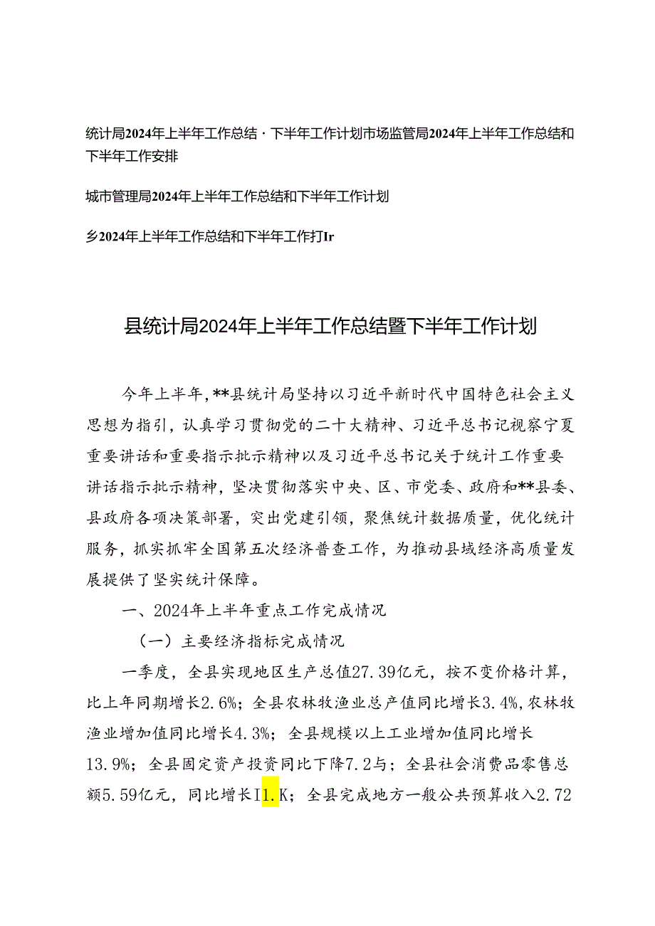 乡、统计局、市场监管局、城市管理局2024年上半年工作总结暨下半年工作计划.docx_第1页