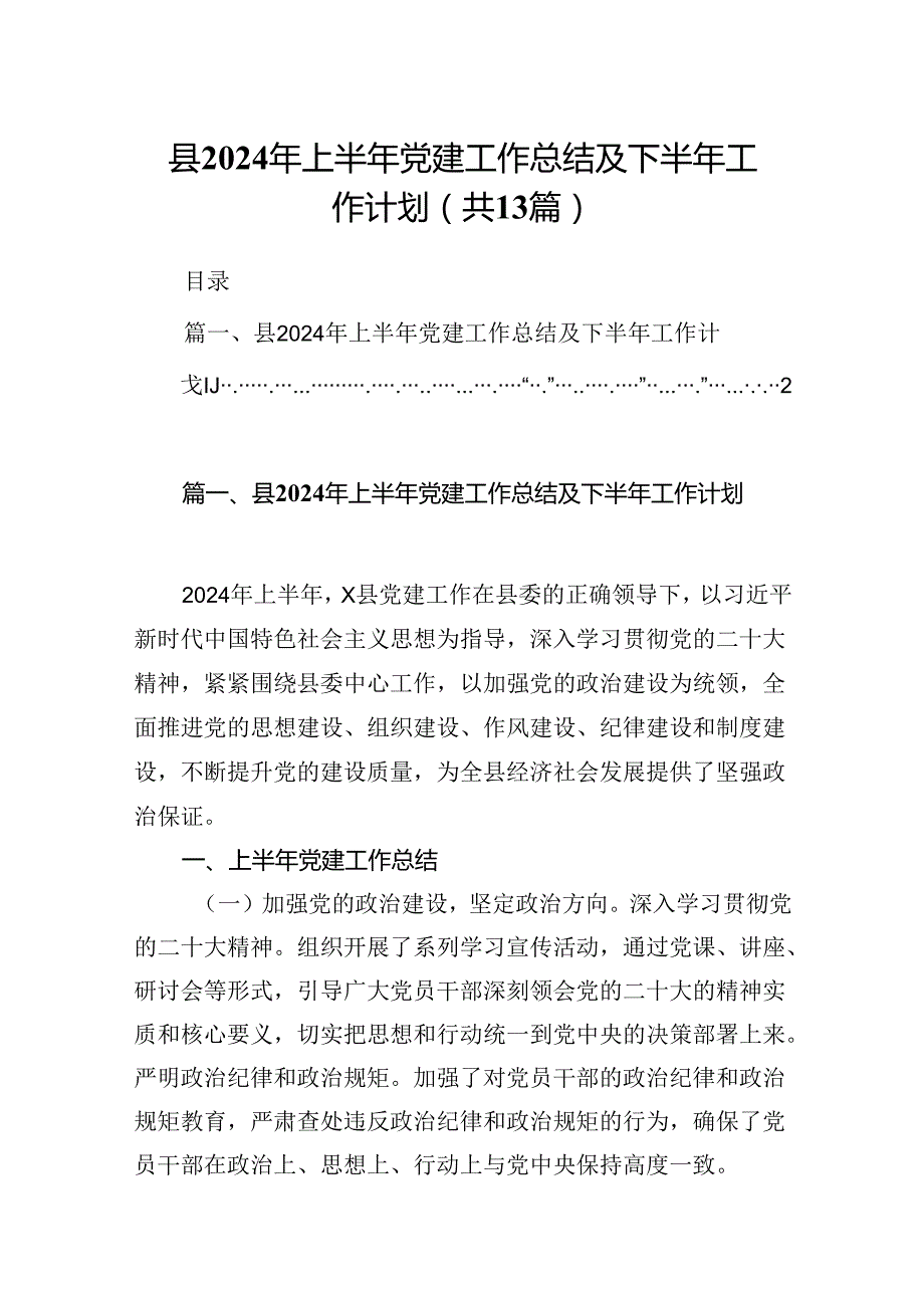 县2024年上半年党建工作总结及下半年工作计划13篇（精选）.docx_第1页